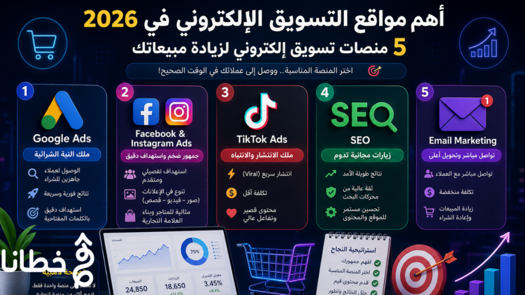 أهم مواقع التسويق الإلكتروني أهم مواقع التسويق الإلكتروني في 2026… 5 منصات تسويق إلكتروني لزيادة مبيعاتك